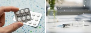 a close-up of a syringe and a pill